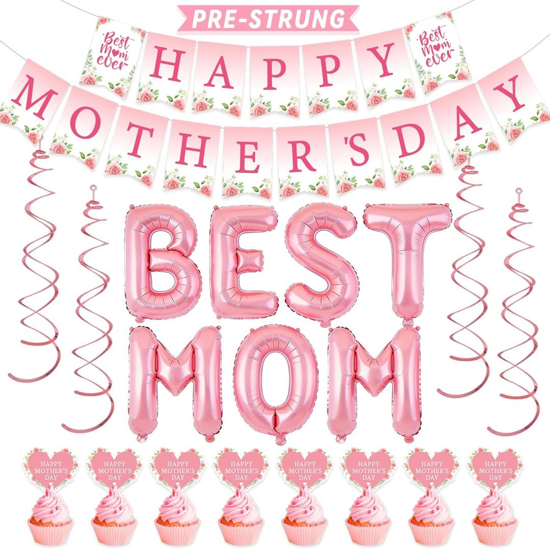 Happy Mother's Day Decorations, Happy Mothers Day Banner With Best Mom Balloons, Hanging Swirls, Happy Mothers Day Decor for Women Decoration, Pink