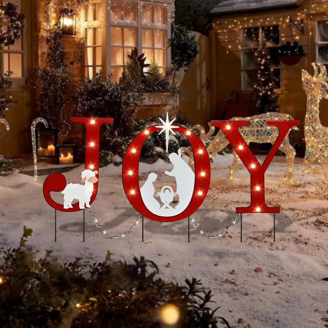 Christmas Yard Stakes Light Up Christmas Yard Decorations LED Joy with Nativity Scene Lighted Metal Stakes Outdoor Stake Lawn Pathway Outdoor Decoration