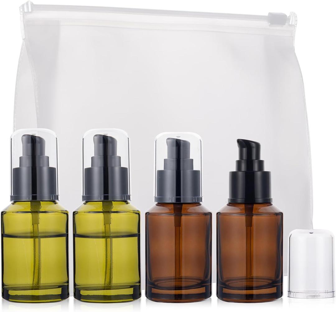 4 Pack 2oz Glass Pump Bottles Set for Toiletries, 2 Amber & 2 Green Pump Bottle Dispenser with Travel Pouch, Leak-Proof Mini Pumps Dispenser for Lotion, Serum, Oil - TSA Approved Travel Size Container