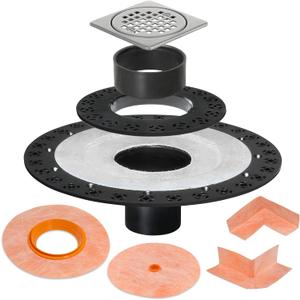 Shower Drain Kit Compatible with Schluter Kerdi System with Integrated Bonding Flange 4" Stainless Steel Square Drain Grate 2" Outlet and Waterproof Corner Seals, Silver