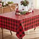 Newbridge Holiday Buffalo Plaid Vinyl Christmas Tablecloth with Flannel Backing, Red & Black Rustic Cottage Check, Wipe Clean, 60 x 120 Inch Rectangle