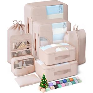 Veken 8 Set Packing Cubes for Travel, Birthday Gifts for Women Mom Her, Cruise Ship Essentials Accessories for Beach Vacation, Suitcase Organizer Bags for Luggage with Hanging Toiletry & Shoe Bag (Dutch Cream)