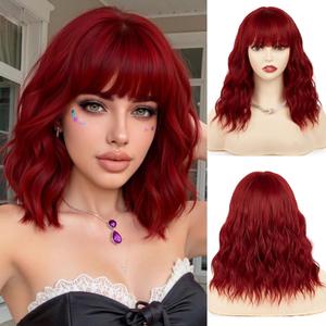 NAYOO Red Bob Wig With Bangs - 14 Inch Curly, Middle Part, Shoulder Length Dark Hair, Short Synthetic Wig for Women, Glueless Costume