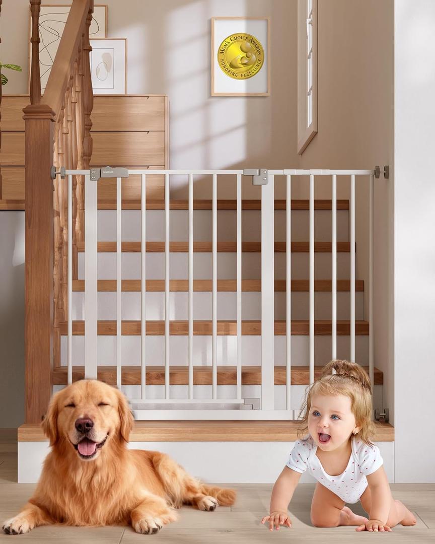InnoTruth 29.540.75" Baby Gate for Stairs, 30" Tall Dog Gates for Doorways & Hallways, Safety Gate for Kids & Pets, Pressure-Mounted Walk-Through with Dual Lock & 2-Way Swing, White