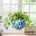 Ceramic Hanging Planter Mosaic Hanging Flower Pot Small Plant Pot for Indoor Plant Garden Decor Disco Ball Planter with Drainage Square Blue