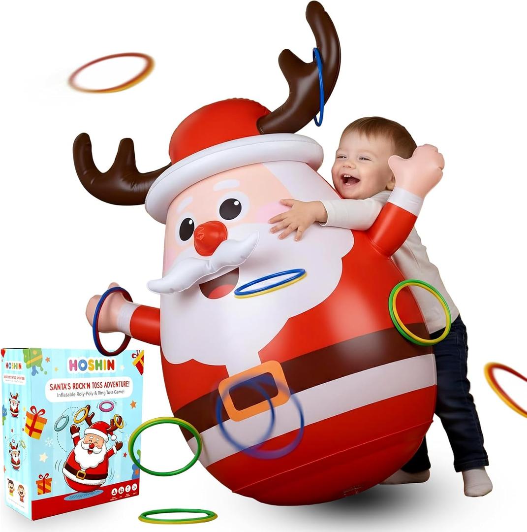 Inflatable Santa Reindeer Ring Toss Game with Wobbling Punching Bag, Christmas Party Game for Kids and Adults, Holiday Decoration
