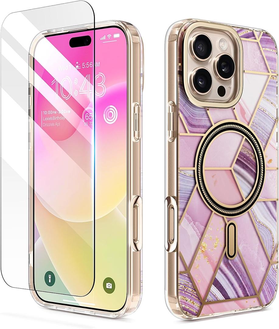 3 x MATEPROX Magnetic Marble Compatible with iPhone 16 Pro Case 6.3'' [2024],Stylish 3D Pattern Protective Phone Cases [Compatible with MagSafe] with Screen Protector Lanyard-Marble Purple