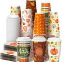 100 Pack 16 oz Fall Themed Disposable Coffee Cups with Snap-on Lids and Sleeves - for Hot or Cold Drinks, Pumpkin Spice Latte, Halloween, Thanksgiving, Autumn Party Supplies