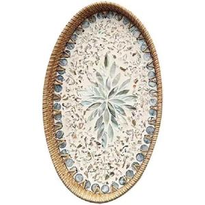 14.5 Inch Serving Tray for Coffee Table Ottoman Dcor Tray for Living Room Mother of Pearl Inlay Rattan Centerpiece Tray for Candle Holder, Flower, Coffee, Bread, Fruit (Large)
