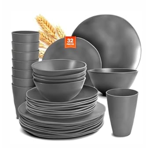 Teivio 32-Piece Kitchen Plastic Wheat Straw Dinnerware Set, Service for 8, Dinner Plates, Dessert Plate, Cereal Bowls, Cups, Unbreakable Colorful Plastic Outdoor Camping Dishes, Autumn Blue