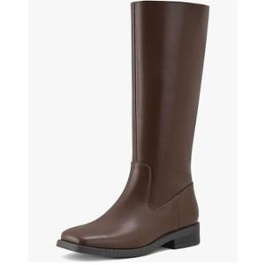 Shoe'N Tale Knee High Boots for Women Block Low Heel Stretchy Square Toe with Side Zipper Fall and Winter Fashion Comfortable Boots Brown, 6
