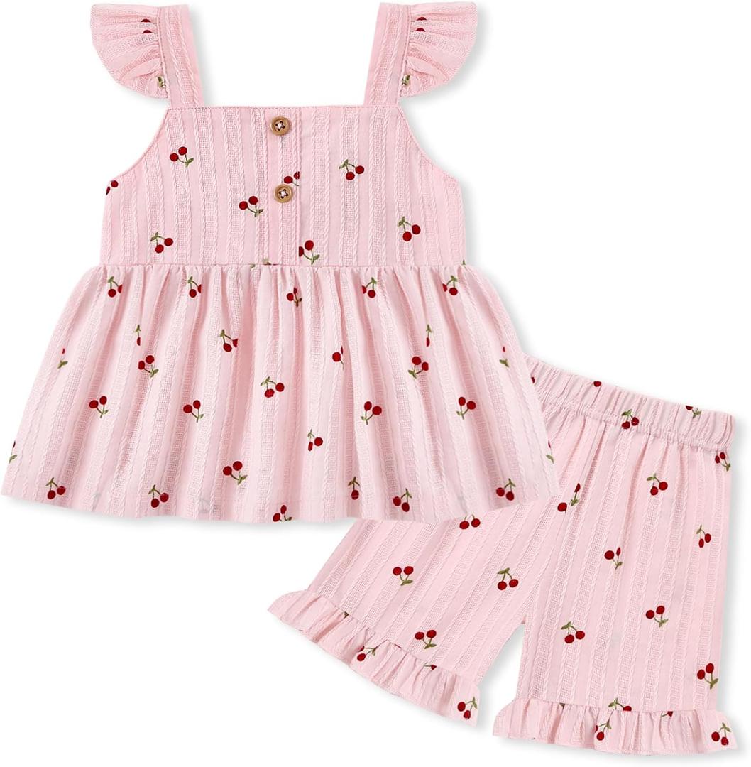 SANMIO Toddler Girl Clothes Summer Baby Girl Cute Sleeveless Tank Tops with Bow and Ruffled Shorts 2Pcs Outfits Set, Size: 6-12 Months