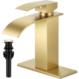 Brushed Gold Bathroom Faucets, Waterfall Bathroom Sink Faucet Single Handle Bathroom Faucet for 1 or 3 Hole, Mixer Tap Vanity Faucet with Deck Plate, Pop-up Drain and Supply Hoses