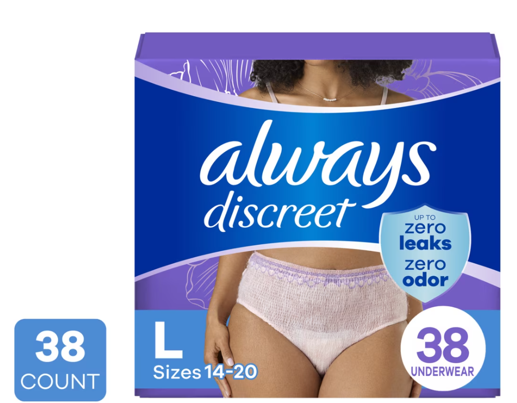 Always Discreet Adult Incontinence Underwear for Women and Postpartum Underwear, L, Up to 100% Bladder Leak Protection, 38 Count