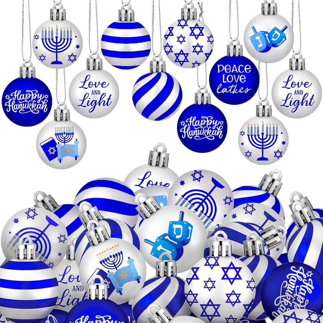 30 Pcs Happy Hanukkah Ornament for Tree Balls Star of David Hanging Ornaments 10 Styles Shatterproof Decorations White Blue Jewish Christmas Balls for Xmas Tree Decoration