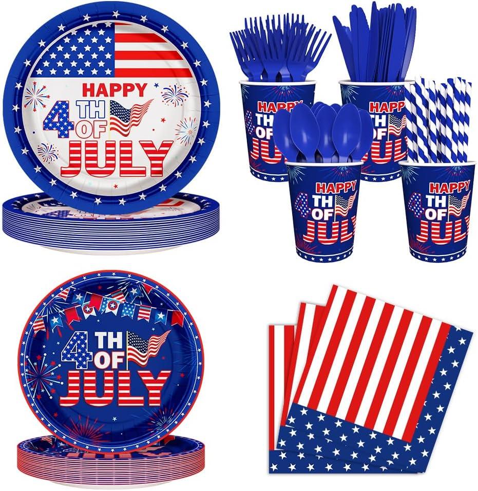 192pcs American Flag Patriotic Party Decorations for Happy 4th of July Plates, Cup, Napkin, Tableware, Independence Day Party Supplies Plates Serve 24 Guests