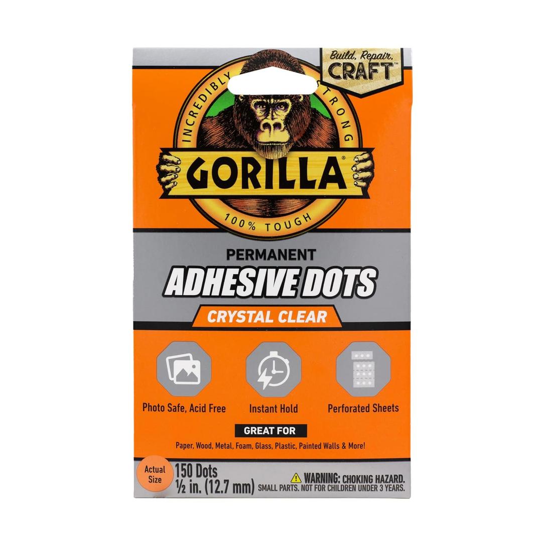 Gorilla Permanent Adhesive Dots, Double-Sided, Clear, 0.5" Diameter, 150 Pieces (Pack of 2) - No Mess, Photo Safe