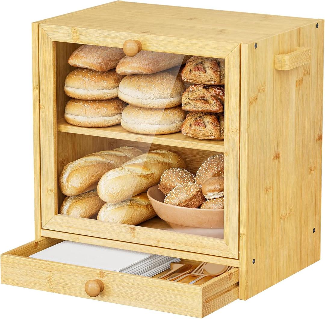 Bread Box for Kitchen Countertop,Wooden Bread Box for Homemade Bread,Large Bamboo Bread Storage Container,with Cutlery Drawer and Knife Rack