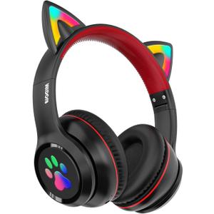 MIDOLA Kids Headphones Cat Ear Wireless Bluetooth 5.3 60H Over Ear, 8H with Led Light Foldable Headset with Aux 3.5mm Mic for Travel Pad Tablet Black