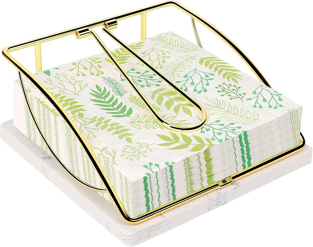 Flat Napkin Holder with Marble Base, Square Metal Kitchen Napkin Storage, Tissue Dispenser for Table (Gold)