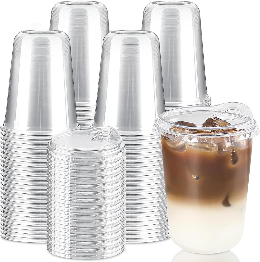 16 Oz Round Bottom Clear Plastic Cups with Strawless Sip Lids, 100 Pack Disposable Iced Coffee Cups To Go Cups for Cold Drinks, Smoothie, Juice, Milkshake