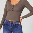 Women's Long Sleeve Crop Tops Casual Button Scoop Neck Ribbed Knit Henley Shirts size large