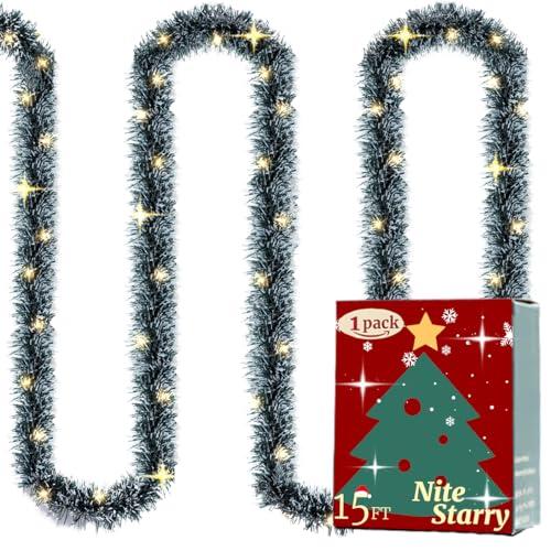15FT Christmas Garland, Green Snowy Garland, Artificial Christmas Garland for Xmas Tree, Fireplace Mantel, Stairs Railing Outdoor Indoor Decoration