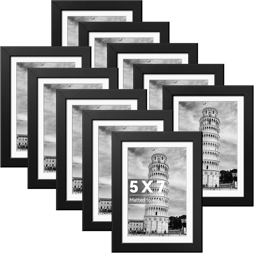 HappyHapi Picture Frame, 10 Pack Matless/Matted 5x7 Photo Frames, Classic Design, Wall Hanging or Tabletop Display, Black, 7.08x9.05 inches, 10 Count (5x7 inch)