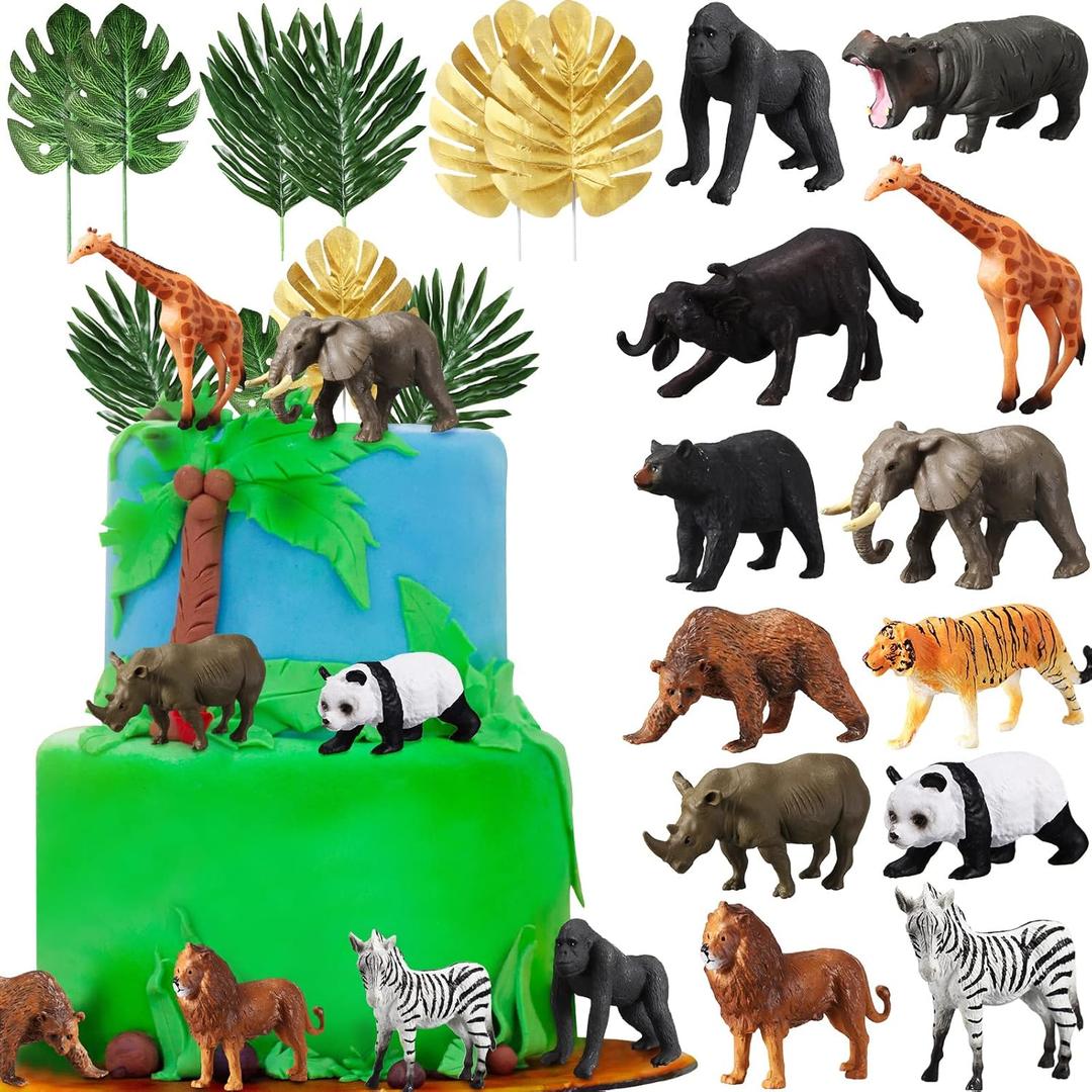 18 Pcs Jungle Animal Cake Toppers 12 Realistic Wild Forest Animals Figures 6 Artificial Palm Leaves Decor for Jungle Theme Birthday Party Favors