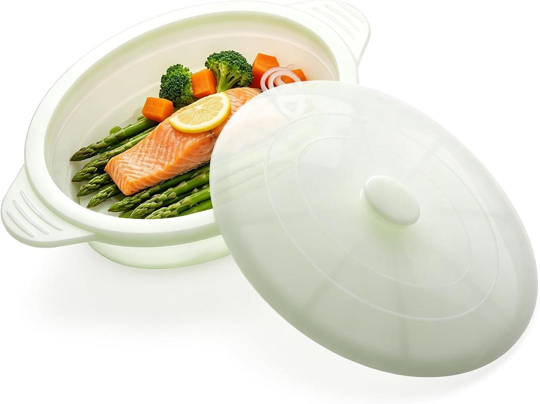 Microwave Steamer Cooker Collapsible Bowl Silicone Baked Potato Cookware with Handle Lid for Vegetables Fish Prep Meal Food with Removable Rack BPA Free Easy to Store Freezer Dishwasher Safe Aqua