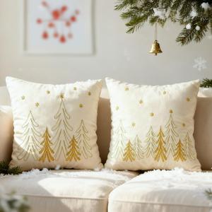 DN DECONATION Christmas Pillow Covers, Cream White Gold Xmas Tree Pillow Cases 18x18 Set of 2 - Embroidered Flannel Throw Pillow Covers for Couch Office Bedroom Christmas Winter Home Decor