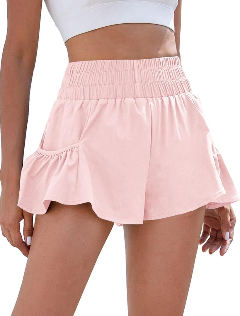 BMJL Womens High Waisted Shorts Athletic Running Shorts Workout Gym Quick Dry Flowy Shorts with Pockets (Medium, Baby Pink48)