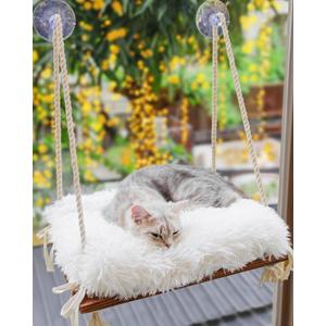 Cat Window Perch - Hammock Bed for Cats Inside - Solid Wood Seat, 4 Strong Suction Cups, Soft Cushion - Rustic Indoor Pet Shelf (Medium, Brown/White)