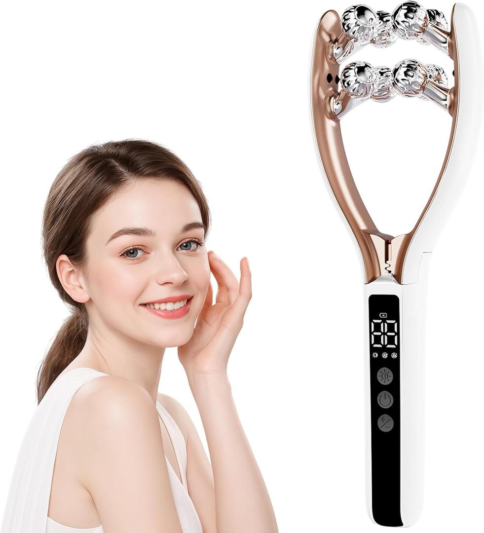 SZMDLX Microcurrent Facial Massager with LCD Screen, Electric Face Roller for Lifting & Toning, EMS Skin Tightening Device for Puffiness & Fine Lines, USB Rechargeable V-Shape Tool (White+gold)
