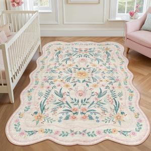 Pink Floral Rug 4X6 for Girls Bedroom or Nursery, Scalloped Cottagecore Washable Non-Slip Area Rug, Cute Soft Boho Carpet for Kids Room, Dorm, or Playroom