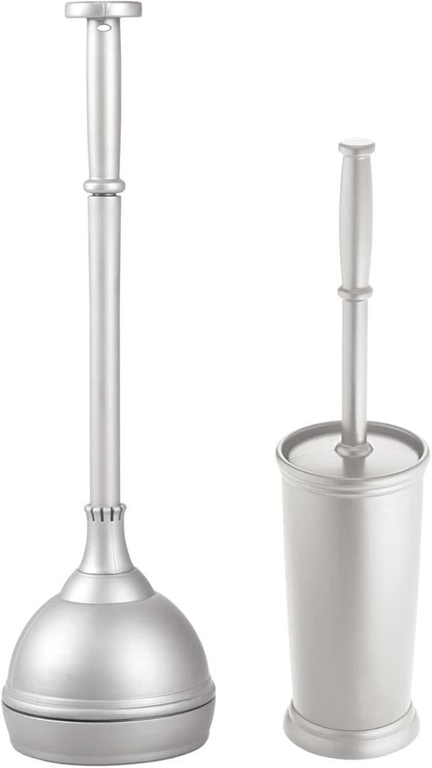 mDesign Plastic Modern Compact Toilet Plunger and Toilet Bowl Brush for Bathroom Storage Organization - Sturdy, Heavy Duty, Deep Cleaning Accessories - Hyde Collection - Set of 2 - Silver
