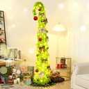 NatuBeau 6FT Lime Green Pop Up Christmas Tree with 150 LED Lights & Remote, Collpsible Bendable Whimsical Christmas Tree with Ball Ornaments Bows for Indoor Outdoor Home Decor