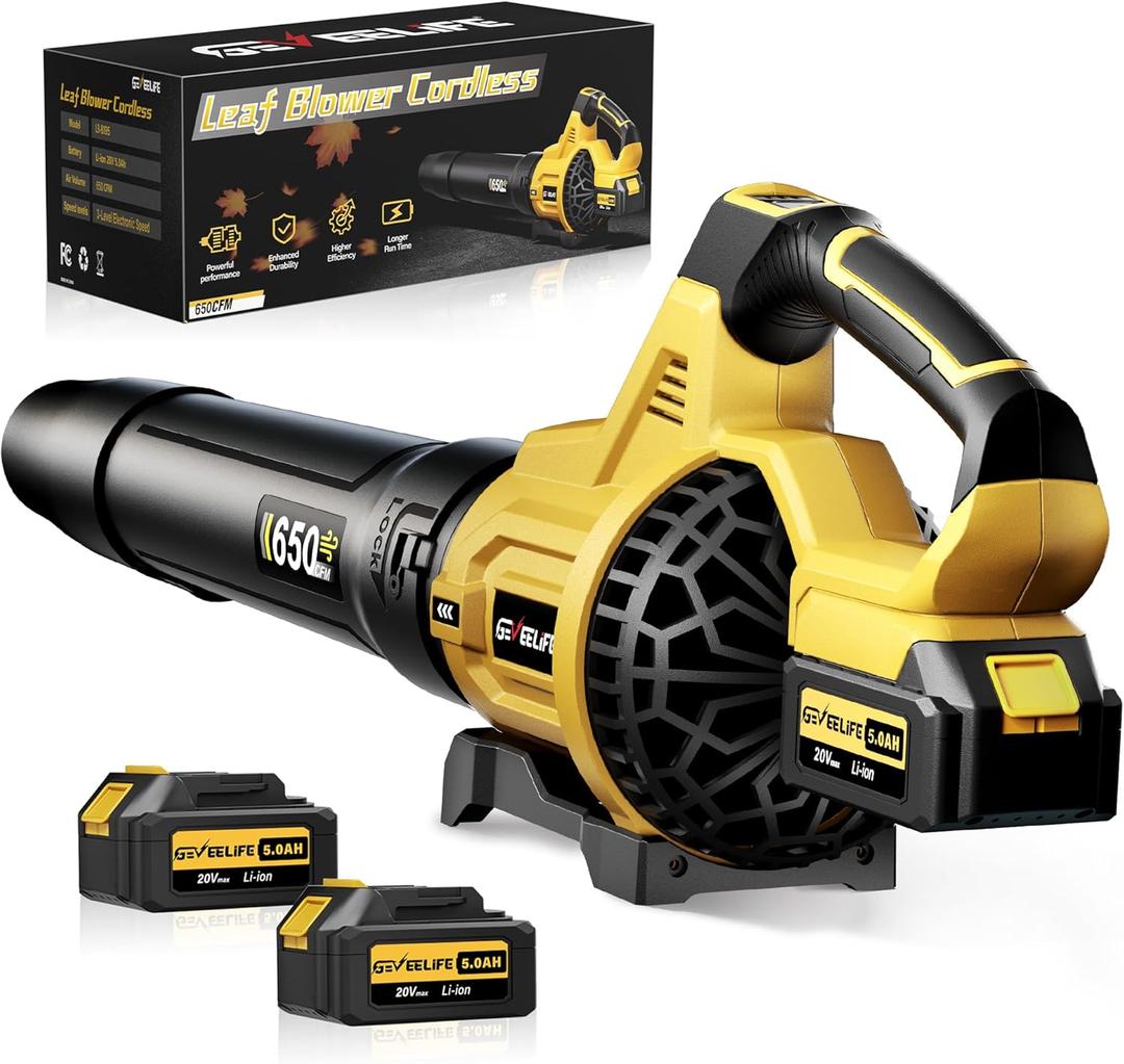 GEVEELIFE Leaf Blower Cordless, 650CFM & 3 Speed Levels, Electric Cordless Leaf Blower with 2 * 5.0Ah Battery Powered, Blowers for Lawn Care, Yard, Blowing Leaves, Dust, Snow (Yellow)
