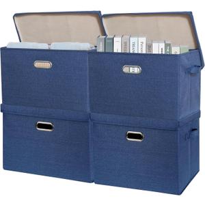 SNWDN 4 Pack Large collapsible Fabric Storage Bins with Lids Fabric storage box with lids for closet organizers and storage (Dark Blue 17.3x11.4x11.8 inches)