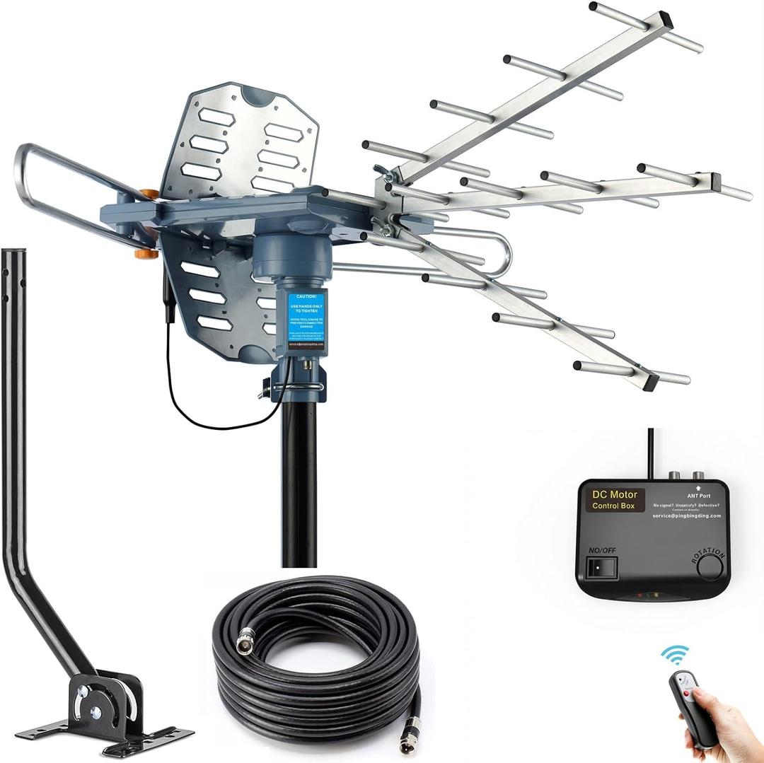 PBD Digital Outdoor TV Antenna, 150 Miles Range, 360 Rotating Directional Motor with Remote Control, Dual TV Support, Mounting Pole, 40FT RG6 Cable, UHF/VHF Reception