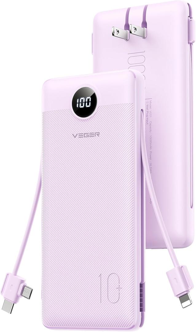 VEGER Portable Charger for iPhone Built in Cables and Wall Plug, 10000mah Slim Fast Charging USB C Power Bank, Travel Essential Battery Pack Compatible with iPhone, iPad, Samsung More Devices(Purple)