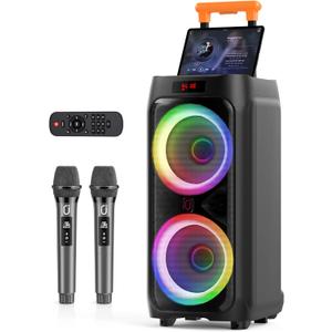 JYX Karaoke Machine with 2 Wireless Microphones, 24" Big Portable Bluetooth Speaker for Adults with RGB Light PA System Treble & Bass, Support TWS/USB/AUX/TF Card/REC, for Home Party Outdoors