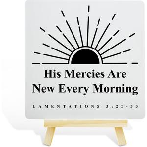 Christian Decor Wooden Sign, Christian Baptism Gifts for Women Men, Faith Religious Scripture Decor, God Decorations for Home Office Bedroom, Bible Verse Desk Decoration, Lamentations 3:22-33