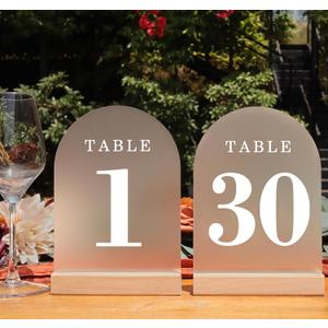 ORGANTEAM Wedding Table Numbers 1-30, Acrylic Arch Signs with Natural Wood Stands Holders, Rustic Table Decor for Reception & Parties (Frosted White)