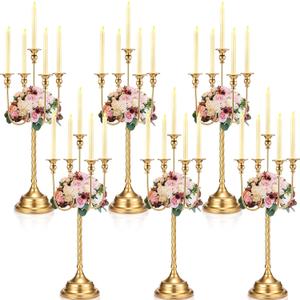 Rtteri 6 Pcs Gold Candelabra Candlestick Holder Metal Candle Stand Candelabra for Taper Candles Table Centerpieces Wedding Christmas Holiday Birthday Party (12.2 x 12.2 x 26.4 Inch,5 Arm)