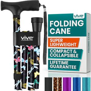Vive Folding Cane - Foldable Walking for Men, Women Fold-up, Collapsible, Lightweight, Adjustable, Portable Hand Stick Balancing Mobility Aid Sleek, Comfortable (Black Butterfly)