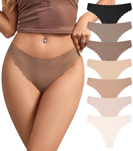 SHARICCA Womens Seamless Thongs No Show Underwear Soft Ribbed Invisible Panties Wave Edge Multi Pack XL (7p01 - Dark Colors)