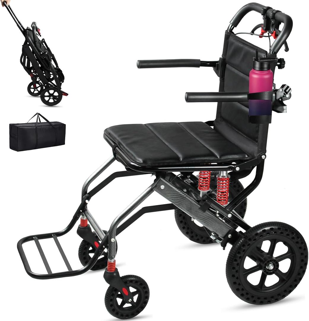 Transport Wheelchair Lightweight Foldable with Shock Absorber Spring, Carbon Fiber Wrap Travel Wheelchairs for Adults Seniors, Padded Transport Chair with Telescopic Handle Support 220lbs