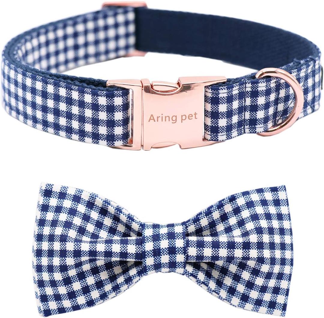 ARING PET Bowtie Dog Collars Adjustable Collar with Bow Tie for Puppy Small Medium Large Boy Girl Dogs-Size M Length 13.5-22" (Plaid Navy)