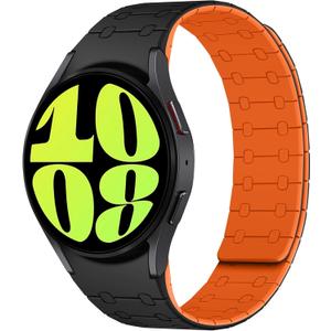 Amizee No Gap Bands Compatible with Samsung Galaxy Watch 7 6 5 4 FE Band 40mm 44mm/Watch 6 Classic 43mm /Watch 5 Pro 45mm/Watch 4 Classic, 20mm Magnetic Silicone Strap for Women Men, Black/Orange